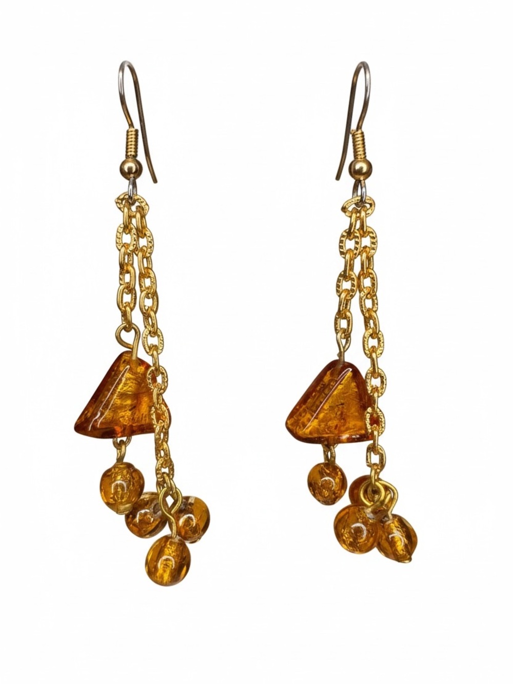 Handmade Gold-Tone Amber Glass Dangle Earrings